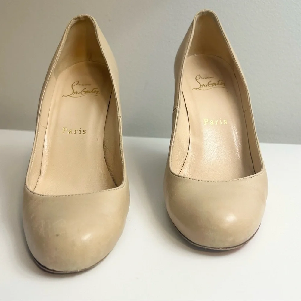 Authentic Christian Louboutin Leather Stacked Wood Wedge Heel Pumps - Picture 5 of 12
